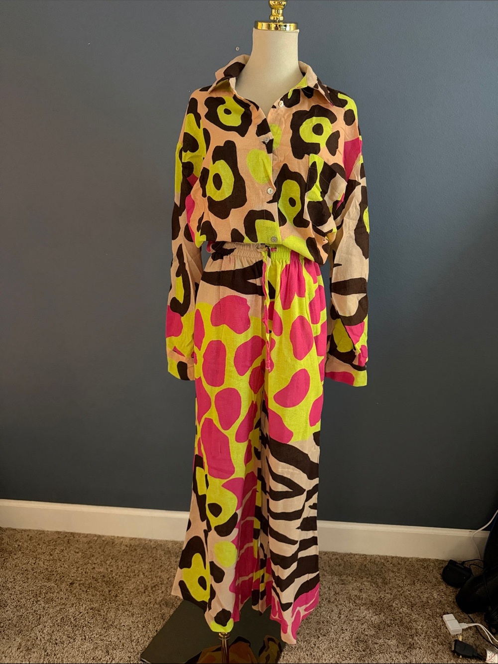 Neon Pink & Yellow, Brown Animal-Print Button-Front Linen 2pc PANTS & SHIRT